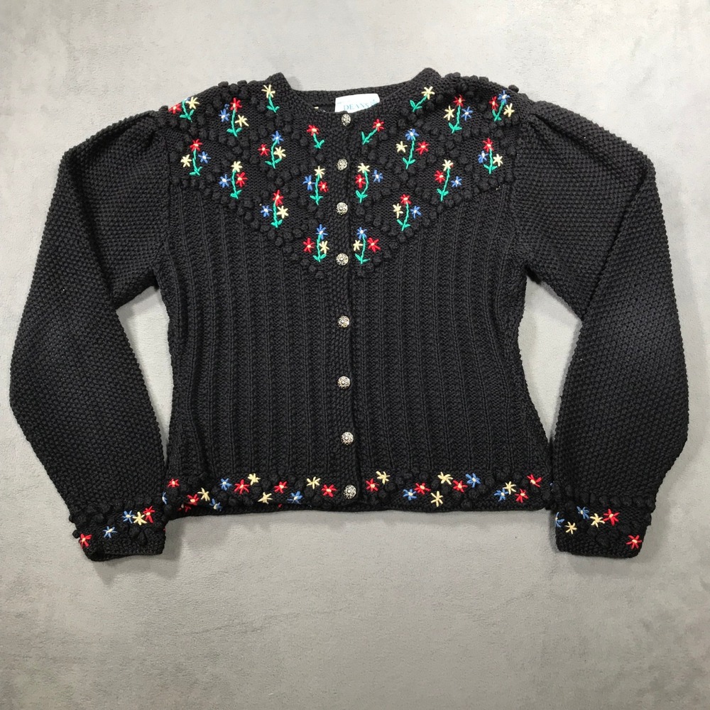 Deans of Scotland Cardigan Sweater Womens Large Black Floral Embroidered Knit